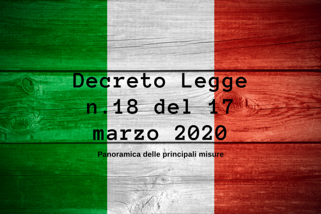 Decreto Legge n.18 del 17 marzo 2020 su sfondo tricolore